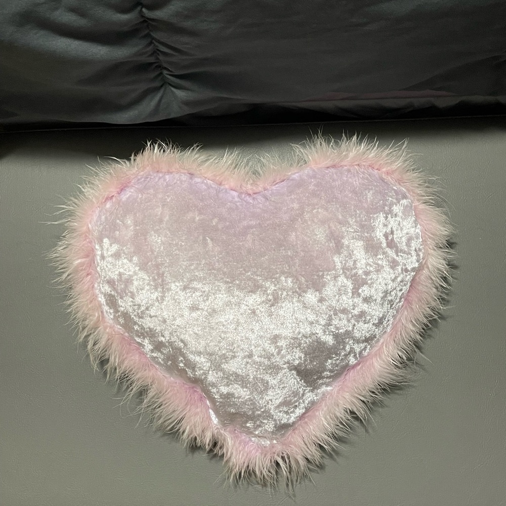 Pink Heart Shaped Plush Pillow with Feather Trim